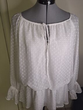 Cato White Swiss Dot Tie-Neck Peasant Tunic Size 14/16w